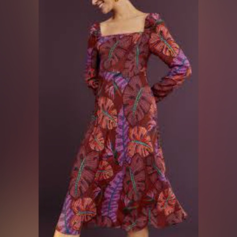 Farm Rio Red Delicate Leaves Midi Dress Sz S